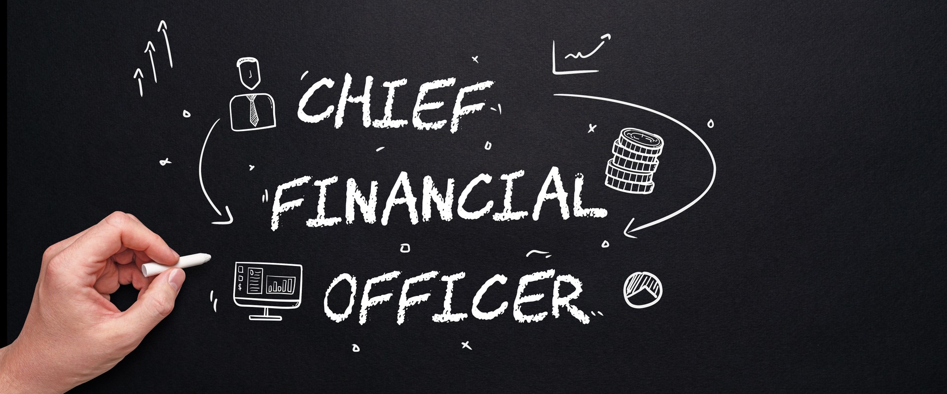 Concept CFO or Chief Financial Officer. Chalk text with icons.